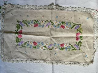 4 VINTAGE HAND EMBROIDERED tray cloths Fairistych pansies flowers cut work 1930s 3