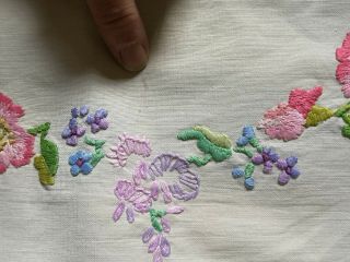 4 VINTAGE HAND EMBROIDERED tray cloths Fairistych pansies flowers cut work 1930s 6