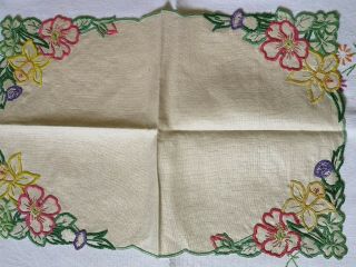 4 VINTAGE HAND EMBROIDERED tray cloths Fairistych pansies flowers cut work 1930s 7