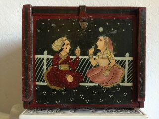 Lovely Vintage Heavy Indian Hand Painted Teak Jewellery Box With Mirror.