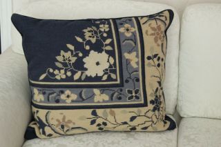 Vintage Handmade Needlepoint Pillow Cushion Navy Blue Cream 23 " X 18 " Large