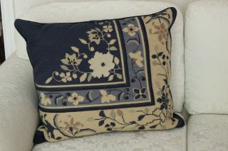 Vintage Handmade Needlepoint Pillow Cushion Navy Blue Cream 23 