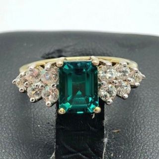 Antique Sterling Silver 925 Gold Tone Green Emerald Cz Pyramid Cocktail Ring 7