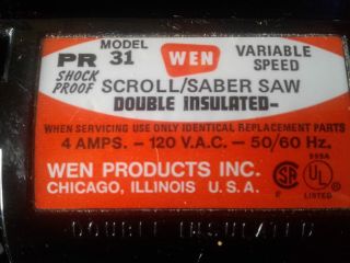 Vintage Wen Variable Speed Scroll / Saber Saw Model Number PR31 3