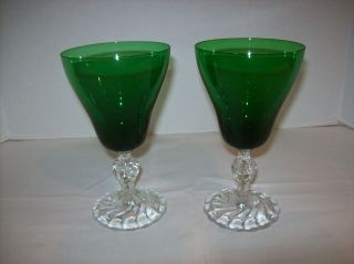2 Vintage Fostoria Colonial Dame Emerald Green & Clear Glass 6 " Water Goblets