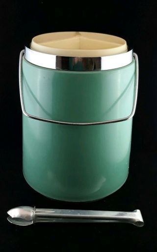 Vtg Mid Century Modern Aqua Turquoise Plastic Ice Bucket With Tongs Mcm