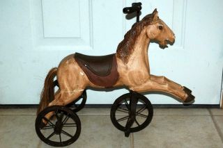 Vintage Antique Carved Wood Ride - On Childs Toy Horse On Wheels Tricycle
