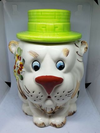 Vintage Lion Tiger Cookie Jar Canister Ceramic Hand Painted Made In Brazil Euc