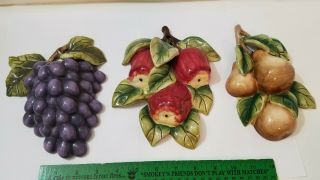 Vintage Home Interiors Ceramic Fruit Wall Plaques (3) Grapes Pears Apples