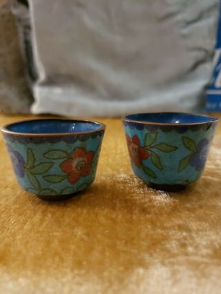 Vintage Chinese Enamel Copper Miniature Tea Sake Cups Set Of 2