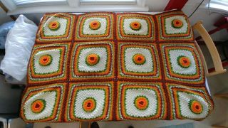 Vintage Granny Square Crochet Afghan Blanket - With 3d Flowers Autumn Colors