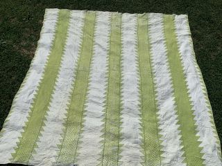 Vintage Lime Green Striped White Hand Stitched Cutter Quilt 92” X 92”