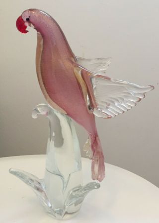 Large Rare Vintage Oggetti Italy Murano Glass Parrot Bird Figure Red Gold Pink