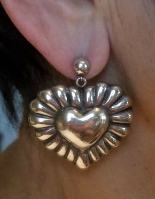 Vintage Pierced Post Heart Shaped Earrings 925 Sterling Silver Mexico Tc - 100