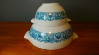 Vintage Pyrex Blue Horizon Cinderella Mixing Nesting Bowls 441 443 1.  5 2.  5 Euc