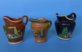 Set Of 3 Vintage Mexican Tlaquepaque Pottery Small Pitchers 3 1/2  Tall