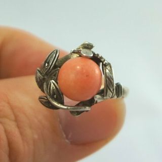 Unique Art Deco Vintage Sterling Silver Large Red/pink Salmon Coral Ring