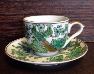 Vintage Gold Imari Cup And Saucer Hand Painted Green Flowers