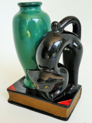 Vintage Porcelain Flower Vase Black Cat On Book Halloween Decorative Item 5 1/4 "