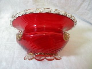 Vintage Salviati Murano Ruby Red Venetian Art Glass Bowl W Applied Prunts