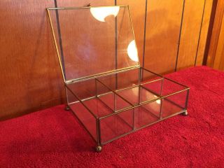 Vtg Brass & Glass 4 Compartment Jewelry Box Trinket Footed Display Case 8.  5x6.  5 "