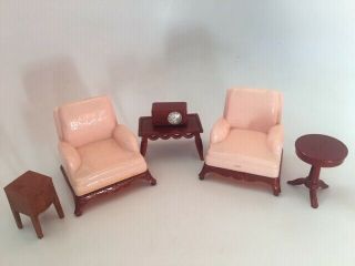 Vintage Renwal Doll House Furniture: Living Rm 2 - 2 Chairs,  Radio,  Tables