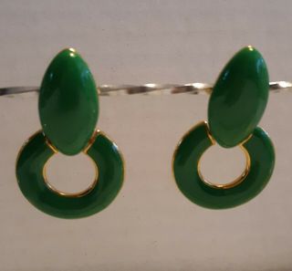 Vintage Monet Green Enamel Gold Tone Clip On Earrings