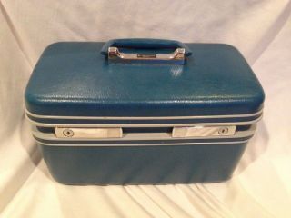 Vintage Samsonite Silhouette Blue Train Case Suitcase Luggage Make Up Carry On