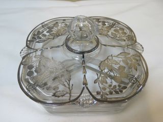 Vintage Glass Relish Dish With Lid And Sterling Silver Overlay