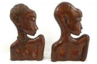 Vintage Pair Wood Carved Wooden African Woman & Man Head Bust Nude 14 " Tall