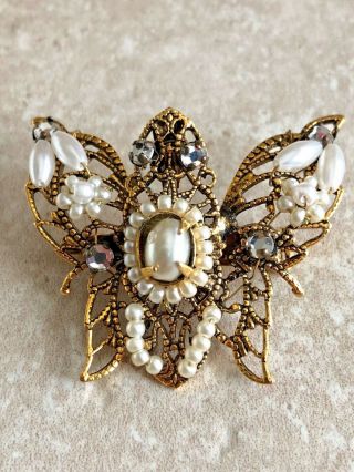Vintage Gold Tone Faux Pearls Rhinestones Filigree Butterfly Pin Brooch Pendant