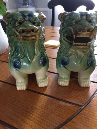 Vintage Pair Chinese Ceramic Temple Lion Foo Dogs Green/blue Unmarked 7 " Tall