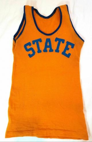 1930s Vintage Boys High School Basketball Jersey,  " State " Orange/blue