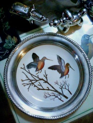 Vintage Abercrombie & Fitch Co.  Porcelain Bowl W/ Woodcock Birds Sterling Silver