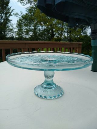 Vintage Jeannette Glass Harp Ice Blue Pedestal Cake Stand Plate 10 