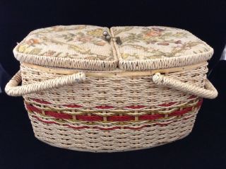 Vintage Wicker Sewing Basket With 2 Tapestry Lids Inner Tray Double Handles