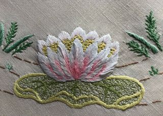 Gorgeous Vintage Irish Linen Hand Embroidered Tablecloth Water Lily