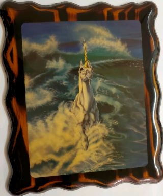 Sue Dawe 1982 Majestic Unicorn Lucky Lacquered Wood Wall Plaque Picture Vintage
