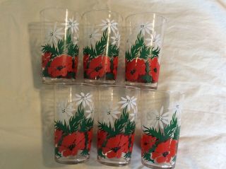 Vintage Retro Federal Glass Mid Century 5” Tumblers Set Of 6 Poppies Daisy Motif