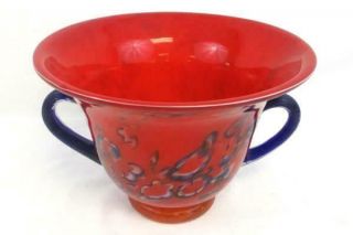 Vintage Studio Blown Art Glass Double Handled Blue Red White Floral Vase