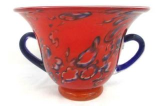 Vintage Studio Blown Art Glass Double Handled Blue Red White Floral Vase 3