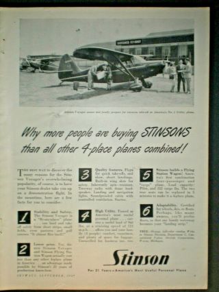 1947 Stinson Voyager Plane Dealership Vintage Trade Photo Print Ad