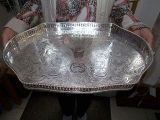 Large Vintage Serpentine Silver Plate Gallery Tray On Bun Feet Lovely