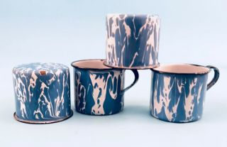 Set Of 4 Vintage Graniteware Sky Blue And White Swirl Cups/ Mugs Enamelware