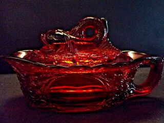 Vintage Red Amberina Dolphin Fish Covered Candy Nut Glass Dish Bowl