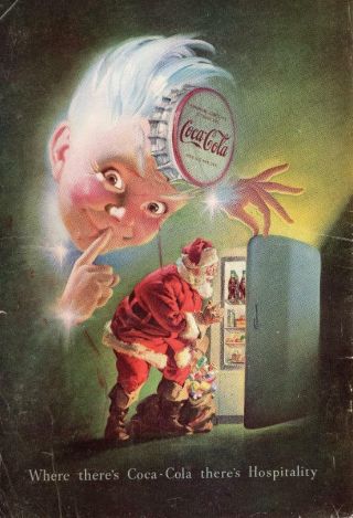 1948 Coca Cola Print Ad Santa Clause Getting A Coke Out Of Refrigerator Vintage