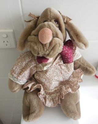 Ganz Bros Wrinkles Plush Toy Dog Puppet Girl Purple/brown Bone Dress Doll 1980 