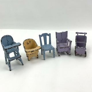 5 Pc Antique Vtg Kilgore Cast Iron Dollhouse Baby Buggy Potty Chairs Blue Yellow