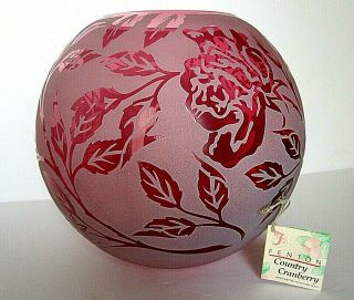 Vintage Fenton Cranberry Frosted Rose Huge Glass Bowl,  Vase