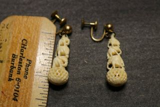 Vintage Elephant Hand Carved Water Buffalo Bone Dangle Earrings